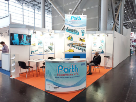 Expo Creators custom exhibition booth for Parth Equipment Ltd. at Tube Düsseldorf, Germany, featuring innovative trade show design and fabrication services.