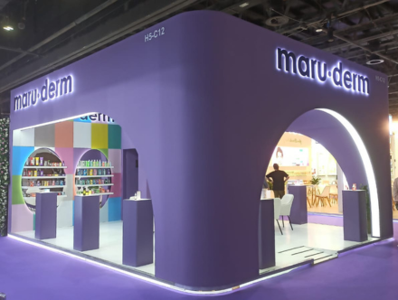 Expo Creators stunning custom trade show booth design for Maruderm at Beautyworld Middle East 2024, Dubai, highlighting premium expo solutions.