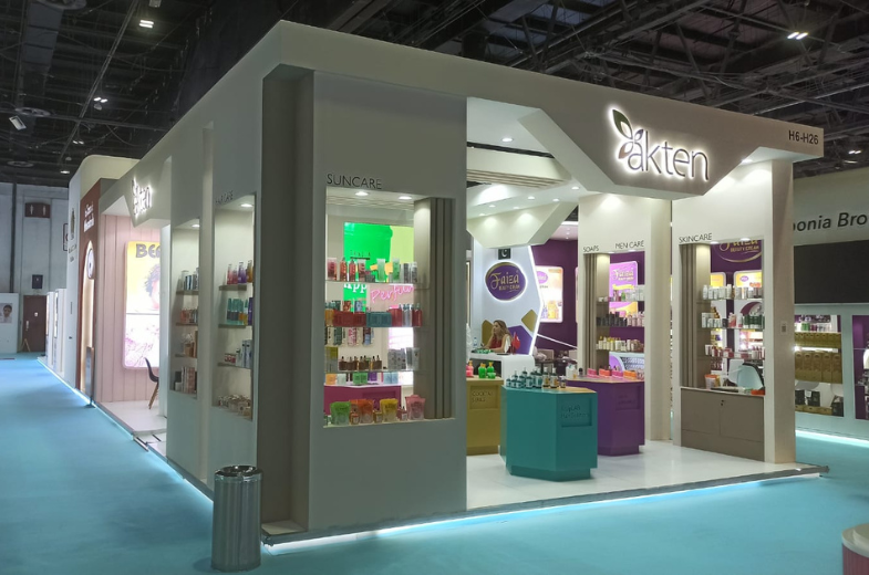 Custom Trade Show Booth Design by Expo Creators for Akten at Beautyworld Middle East 2024, Dubai UAE, showcasing turnkey fabrication and exhibition solutions.