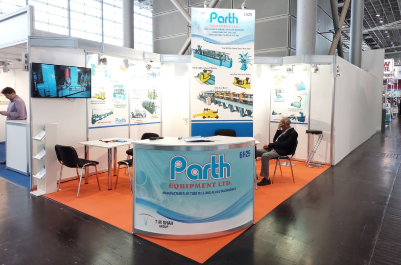 Expo Creators custom exhibition booth for Parth Equipment Ltd. at Tube Düsseldorf, Germany, featuring innovative trade show design and fabrication services.